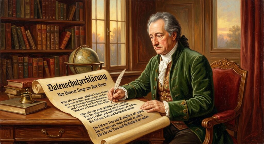 Goethe sitzt am Schreibtisch und verfasst mit einer Feder eine Datenschutzerklärung auf Pergament