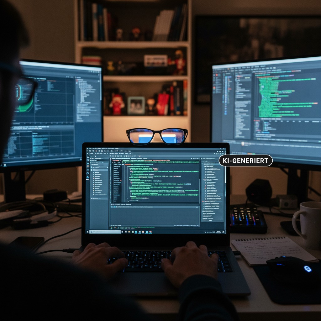 Ein Programmierer sitzt vor einem Laptop und zwei Monitoren, auf denen Codezeilen zu sehen sind. (KI-generiert)